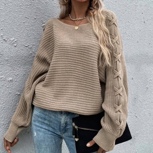 BOHO CASUAL Lace up Sleeve Oversized Sweater Top K - Picture 1 of 6